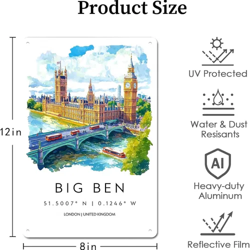 Vista 2 de Póster de acuarela de Big Ben, decoración de pared, paisaje retro, cartel de metal para garaje, hombre, cueva, baño, dormitorio, granja, inspirador