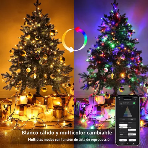 Vista 2 de BrizLabs - Luces de Navidad inteligentes, 33 pies, 100 luces LED que cambian de color Blanco cálido y multicolor - Alambre verde