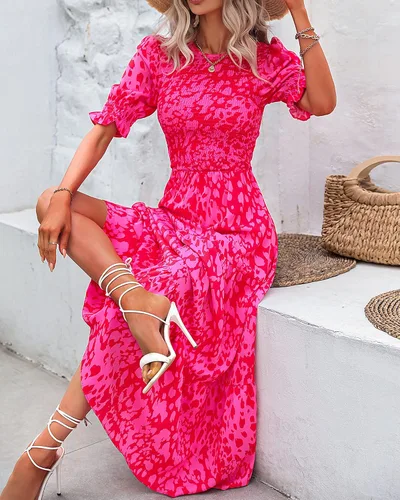 Vista 75 de BTFBM Vestidos para mujer, cuello redondo, casual, de verano, con volantes, manga corta, bohemio, con niveles, fruncido, largo, con estampado floral