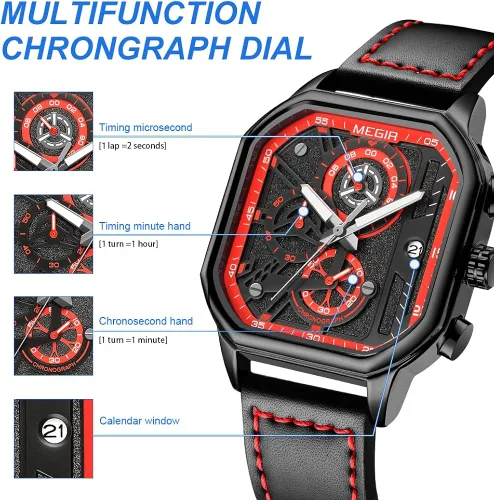 Vista 2 de MEGIR Squre - Reloj de pulsera para hombre, cronógrafo luminoso, analógico, de cuarzo, con correa de cuero