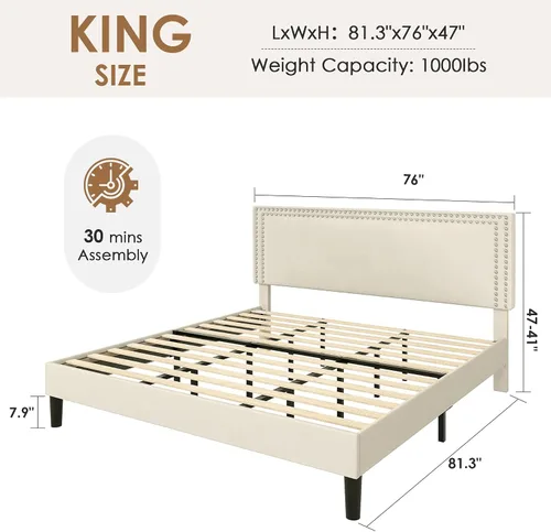 Vista 19 de VECELO Base de cama de plataforma de tamaño individual con cabecera tapizada de altura ajustable, base de colchón moderna, soporte de listones