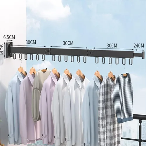 Vista 3 de Percha de ropa plegable para montaje en pared, estante de secado de tela retráctil para interiores y exteriores, ahorro de espacio de aluminio