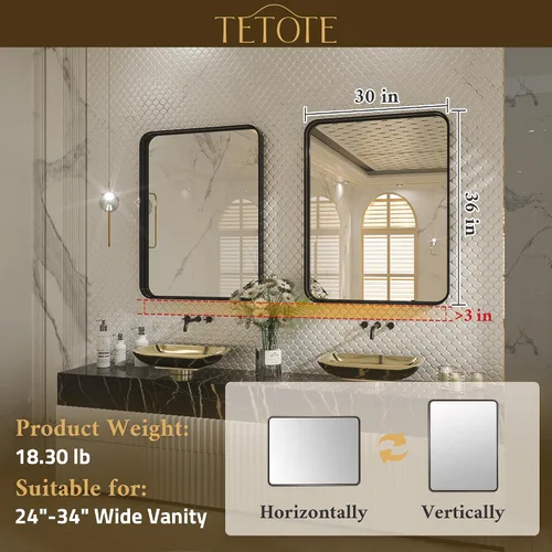 Vista 107 de TETOTE Espejo de marco dorado cepillado de 16 x 24 pulgadas, espejo de tocador de baño de latón dorado para pared, espejo enmarcado rectangular