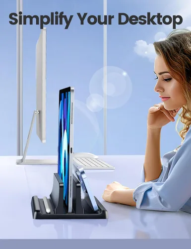 Vista 6 de Vaydeer Soporte vertical para laptop, soporte organizador de plástico ajustable para computadora de escritorio, para ahorrar espacio, 3 en 1