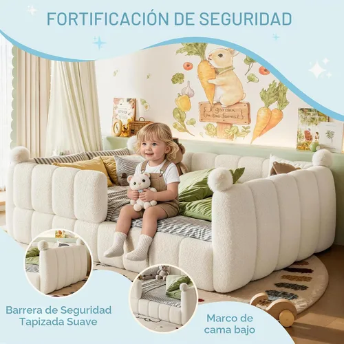Vista 4 de Bellemave Cama Montessori tapizada de vellón de peluche de tamaño matrimonial con valla, marco de cama infantil de perfil bajo con barandillas