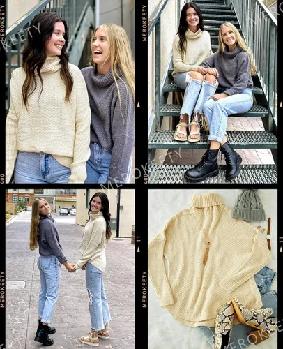Vista 6 de MEROKEETY Suéter tipo túnica de manga larga con cuello alto para mujer suéter de punto grueso de gran