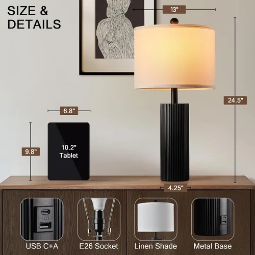 Vista 2 de Juego de 2 lámparas negras de 24.5 pulgadas, modernas lámparas de mesa para sala de estar con puertos USB C+A, lámparas táctiles creativas a rayas