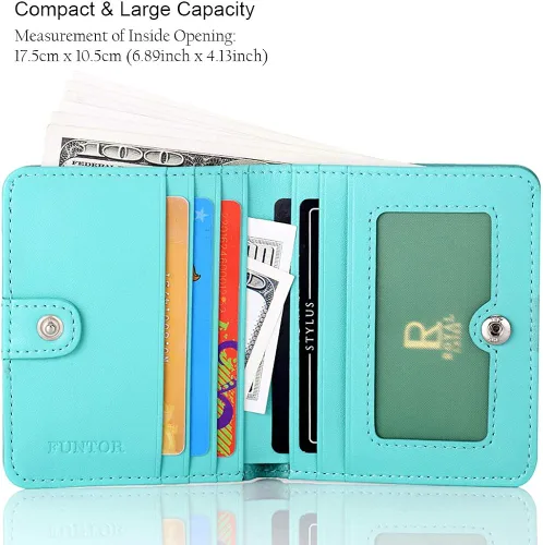 Vista 2 de Funtor Cartera de cuero para mujer, pequeña y compacta, con bolsillo doble, bloqueo RFID, para mujer