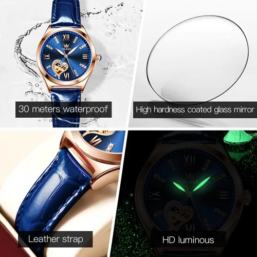 Vista 4 de OLEVS Reloj mecánico automático para mujer, correa de cuero, cuerda automática, reloj de pulsera para mujer, esfera de corazón de diamante