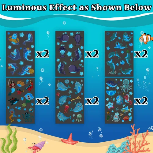 Vista 3 de Partywind Tatuajes temporales azules luminosos bajo el mar para niños, 170 estilos que brillan en el océano, playa, piscina, fiesta de cumpleaños