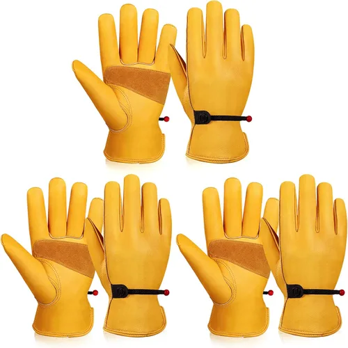 Vista 10 de Guantes de trabajo de cuero para hombres y mujeres con puño ajustable, resistentes, de piel de vaca