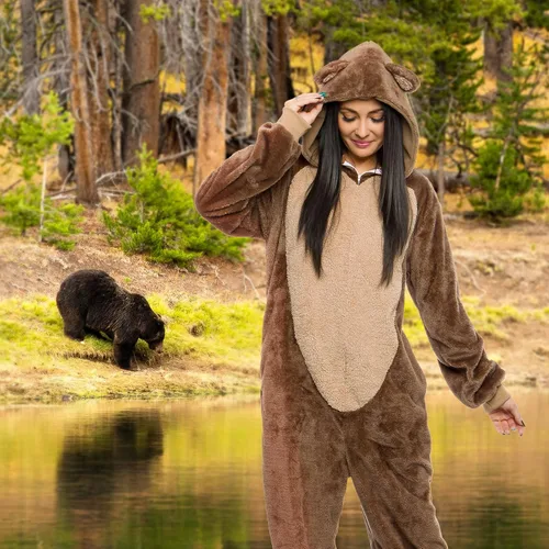 Vista 2 de Funziez! Mameluco de sherpa ajustado para adultos, disfraz de Halloween de animales, traje de cosplay de una pieza de felpa para mujeres y hombres