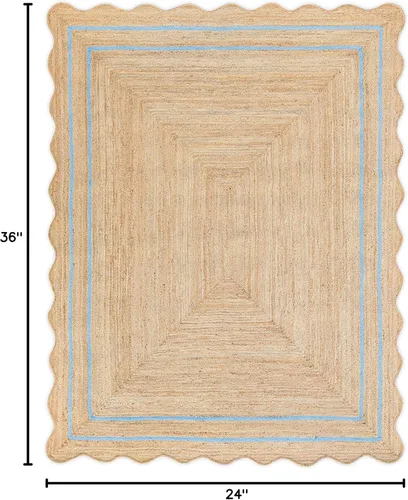 Vista 2 de Alfombra de Yute Natural Ondulada Festoneada - Corredor de Entrada Boho, Festón de Granja, Azul Cielo (2'x3')