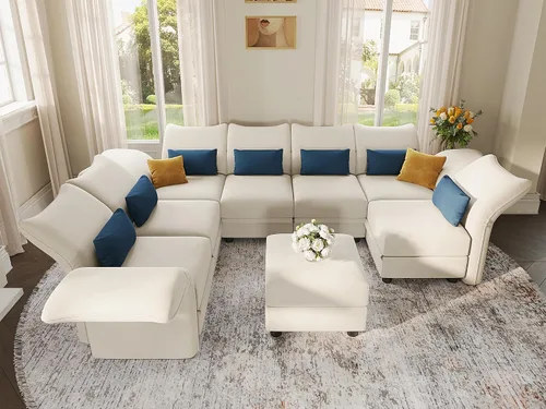 Vista 15 de LLappuil Sofá modular de terciopelo en forma de L con almacenamiento, sofá moderno de 5 plazas de 127.8 pulgadas con diván, sofás reclinables de Azul
