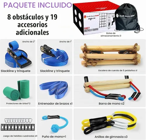 Vista 8 de Carrera de obstáculos Ninja Warrior para niños, kit de línea floja de 2 x 56 pies con 8 accesorios ninja + hebillas de ajuste rápido, barra de mono
