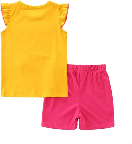 Vista 2 de Ysoea Conjunto de 2 piezas de camiseta gráfica de manga con volantes y pantalones cortos a cuadros, camiseta de punto bordada y pantalones cortos