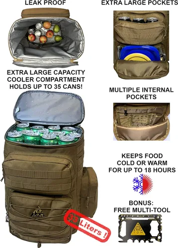 Vista 2 de Mochila enfriadora, táctica, aislada. Resistente, extra grande, a prueba de fugas para senderismo, camping, playa. Bono, herramienta multiusos