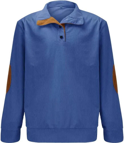 Vista 2 de Sudadera polo de pana para hombre, manga larga, rasgada, texturizada, suéter Vinatge con parches y botones