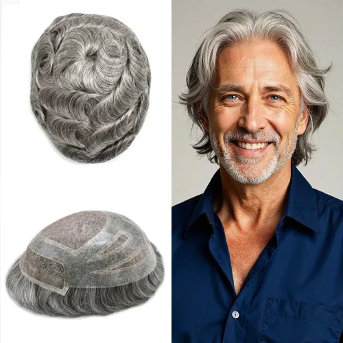 Vista 43 de Toupee - Piezas de pelo para hombres, cabello humano real, sistema de reemplazo de cabello francés, encaje francés, extensiones de cabello