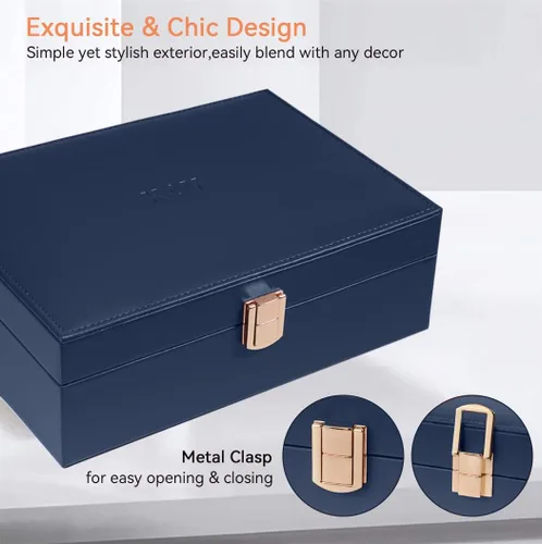 Vista 5 de KCY Organizador de joyas para mujeres y niñas estuche grande de cuero sintético con soporte de exhibición de 2 capas y bandeja extraíble para aretes