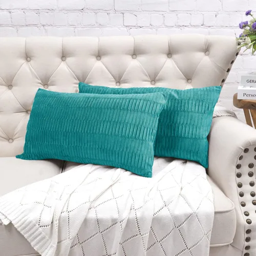 Vista 8 de Juego de 2 fundas de almohada decorativas de terciopelo a rayas plisadas de 14 x 26 pulgadas, funda de cojín rectangular suave y elegante para sofá