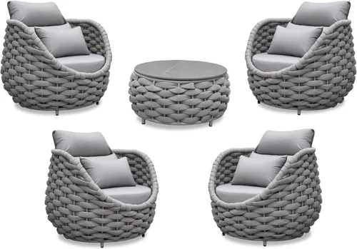 Vista 20 de Juego de muebles de patio de aluminio de 3 piezas: cuerda tejida a mano para conversación al aire libre, juego de 2 cojines modernos montados, juego