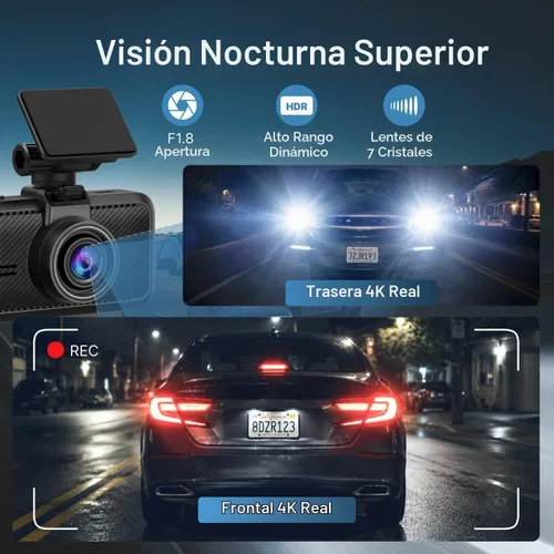 Vista 3 de Miofive Dash Cam - Cámara delantera y trasera para automóvil, 4K+4K, WiFi, Bluetooth, con tarjeta SD de 64 GB, cámara dual para auto con monitoreo