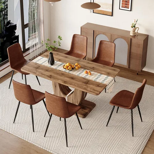 Vista 10 de Moderno juego de mesa de comedor para 6, mesa de cocina de madera con sillas de cuero, juego de mesa de comedor de 7 piezas con parte superior