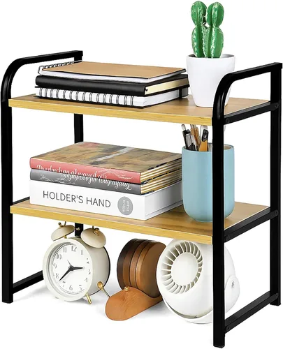 Vista 7 de Organizador de estante de escritorio de 2 niveles para la parte superior del escritorio, estante de almacenamiento de suministros de madera y metal