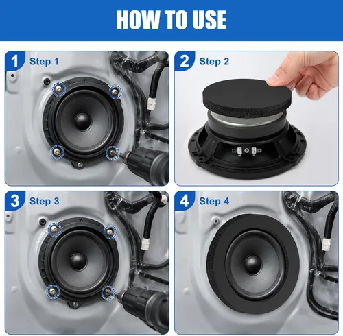 Vista 5 de Potenciador de altavoz de espuma de 6.5 pulgadas, 4 anillos rápidos de altavoz autoadhesivo, kit universal de bloqueo de graves de esponja de alto