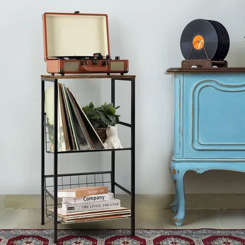 Vista 5 de Soporte para tocadiscos con almacenamiento de discos de vinilo de 3 niveles, soporte giratorio pequeño con soporte para discos de almacenamiento