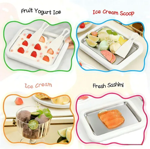Vista 6 de Máquina para hacer helados enrollados, máquina de rodillo de helado de acero inoxidable con 2 espátulas, bandeja antiadherente de enfriamiento