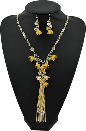 Vista 3 de BOCAR Cadena larga de 2 capas con dije de flor único, borlas y aretes, juego de joyería para mujer, Acrílico