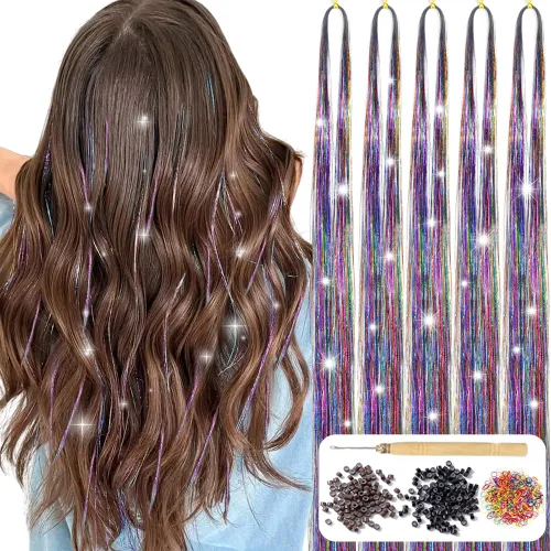 Vista 8 de Kit de oropel para el cabello con herramientas de 48 pulgadas, 1200 hebras de cabello de oropel dorado, resistentes al calor, extensiones de cabello