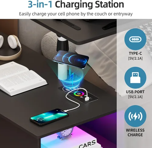 Vista 4 de Gurexl Mesita de noche LED de 360° con estación de carga inalámbrica, mesita de noche ajustable movible con bandeja para portátil, soporte de noche