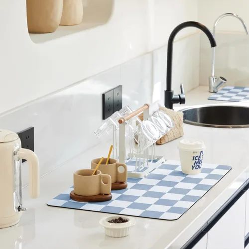 Vista 11 de Ohocut Tapete de secado de platos a cuadros para encimera de cocina, accesorios de estación de cafetería, estética, retro, moderna, absorbente