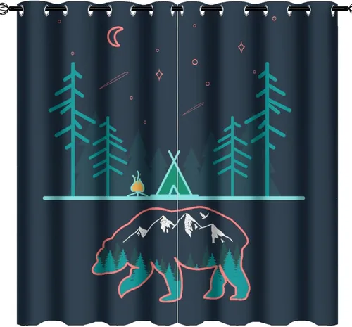 Vista 17 de Cortinas abstractas con estampado de cámper de caricaturas, divertido tema de aventura, campamento, montañas, vida silvestre, oso, tratamiento