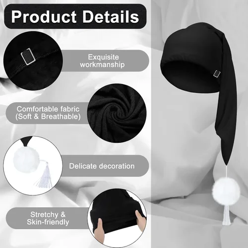 Vista 3 de Geyoga Gorro de dormir de noche de seda ajustable con cordón ajustable para hombre con bola de pompón para uso diario Negro