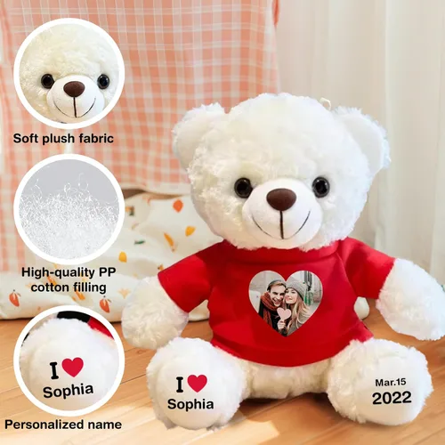 Vista 6 de Oso de peluche personalizado con fecha de texto de imagen, juguetes de peluche personalizados de 11 pulgadas, regalo para novia, novio, cumpleaños