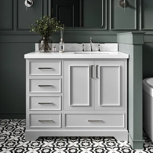 Vista 15 de DKB Bradford - Mueble de baño individual negro de 42 pulgadas con fregadero rectangular, encimera de mármol italiano de carrara con borde de 1.5