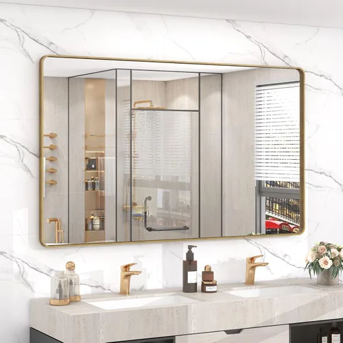 Vista 112 de Paquete de 2 espejos de baño con marco de metal negro de 22 x 30 pulgadas, espejo rectangular redondeado negro mate, antioxidante, se cuelga