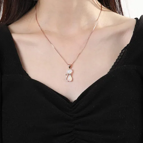 Vista 3 de Collar de gato de ópalo, plata de ley 925, collar de gato para mujer, regalo de gato para amantes de los gatos, Cobre, Ópalo sintético