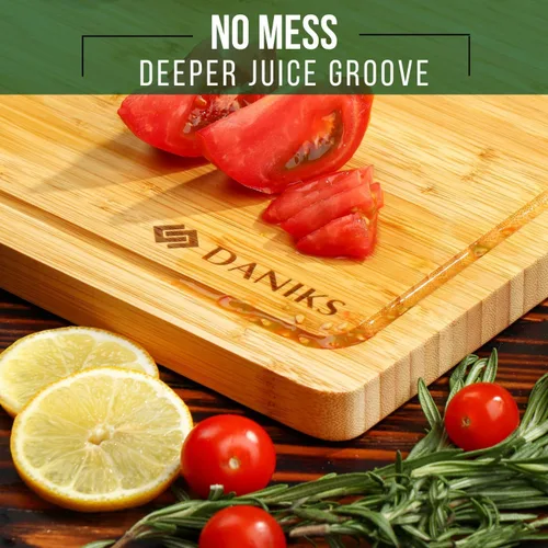 Vista 7 de Daniks Juego de 2 tablas de cortar de bambú con ranura para jugos, XL de 16 x 12 pulgadas y 13 x 9 pulgadas de largo, tablas de cortar para cocina