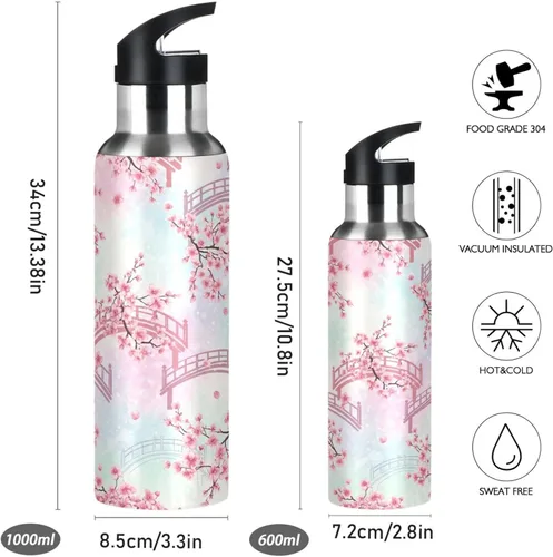 Vista 2 de BPA-Free Sports Water Bottle with Straw 32 Oz, Insulated Stainless Steel Water Bottle with Straw for Gym Outdoor Travel School, Cherry Blossom