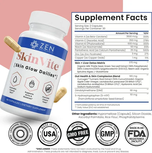 Vista 5 de Zen Nutrients SkinVite Suplemento natural para la piel para mujeres, hombres y adolescentes, brotes hormonales y suplemento de apoyo para la piel