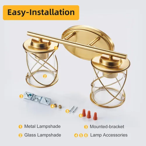Vista 8 de mavcadonf Luces de Tocador de Baño de 2 Luces, Lámparas de Baño sobre el Espejo, Luz de Tocador Dorado Cepillado, Luces de Pared de Estilo Rústico