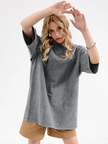 Vista 3 de Camisetas de algodón para hombre, de gran tamaño, unisex, de manga corta, casual, holgada, de lavado, unicolor, básicas