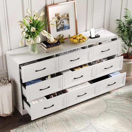 Vista 8 de Fameill - Cómoda para dormitorio, organizador de 9 cajones con estación de carga, cómoda alta para pasillo, cómoda de madera con tiradores de metal