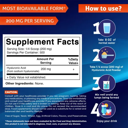 Vista 2 de Vitamatic Polvo de ácido hialurónico 200 mg - Apoya el tejido conectivo y las articulaciones saludables saludables - Promueve una piel saludable
