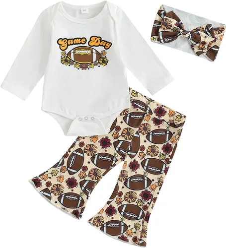 Vista 8 de Conjunto de 3 piezas de ropa para bebé recién nacida, manga larga, estampado de letras, pantalones acampanados, diadema para otoño e invierno B-a